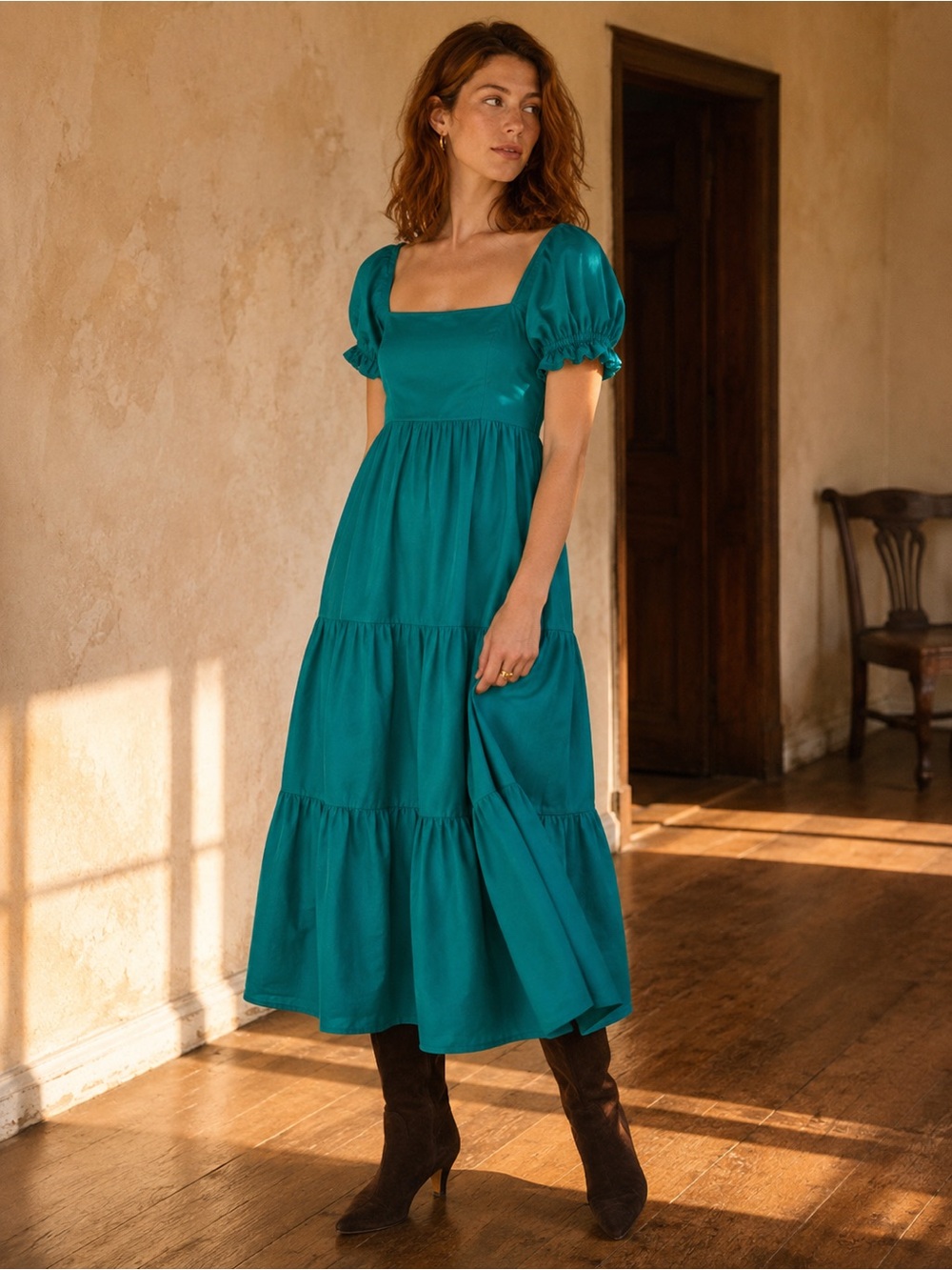 o.p.t Puff Sleeve Tiered Midi Dress Jade Green Cotton Medium